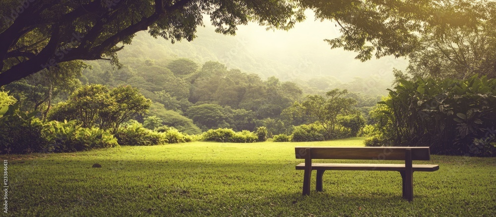 Poster peaceful garden with lush greenery and misty mountains in antique brown tone inviting serenity and r