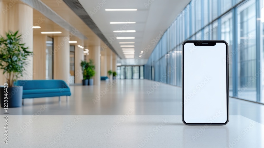 Poster modern minimalist office concept with smartphone on table and bright open space in background