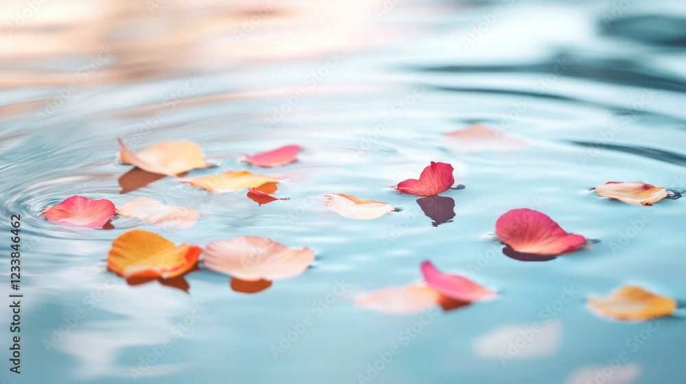 Poster colorful flower petals gently floating on water surface creating a serene atmosphere with copyspace 