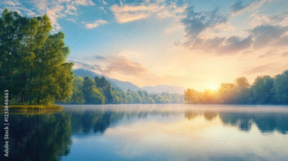 Poster serene sunset landscape with calm waters and soft clouds providing ample space for text overlay and 