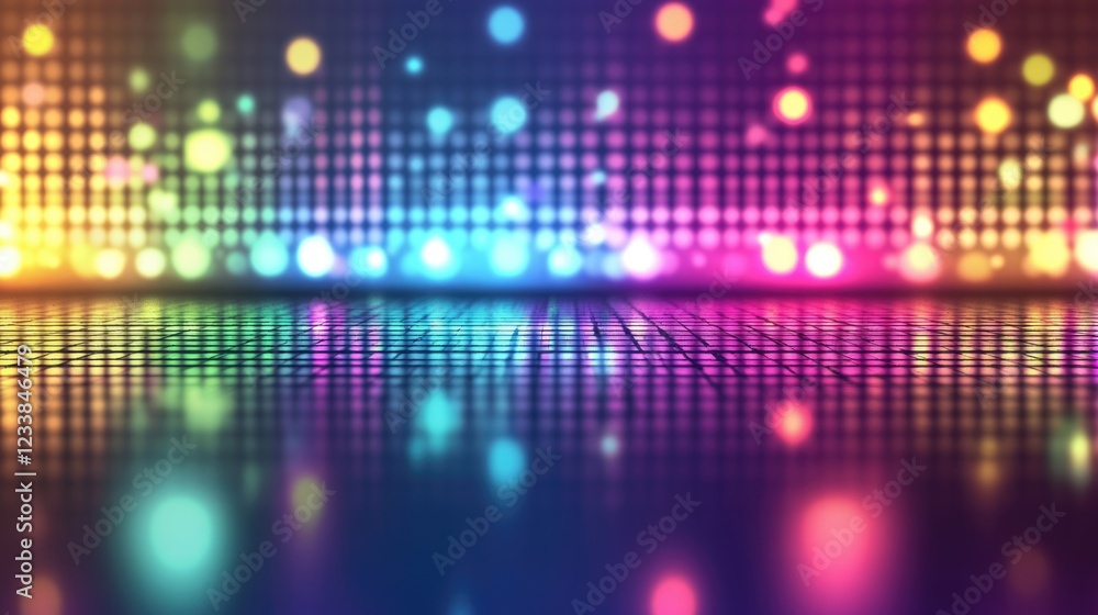 Poster vibrant colorful disco lights background with bokeh effect and reflection ideal for text overlay and