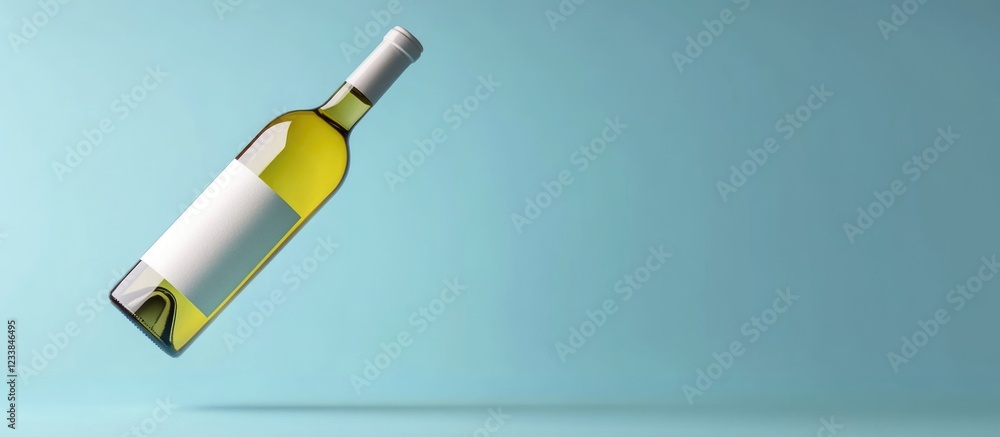Poster flying white wine bottle mockup on soft blue background with ample space for customizable text and b