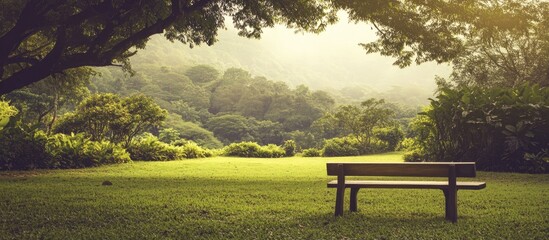 Obraz premium Peaceful Garden with Lush Greenery and Misty Mountains in Antique Brown Tone Inviting Serenity and Reflection with Space for Text