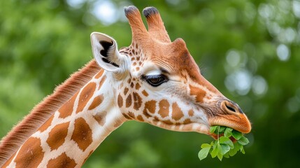Obraz premium Close-Up of a Giraffe Eating Leaves in a Natural Green Landscape