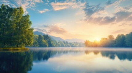 Obraz premium Serene sunset landscape with calm waters and soft clouds providing ample space for text overlay and visual tranquility