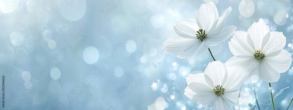 Poster delicate white cosmos flowers on a soft bokeh background with ample space for adding text or graphic