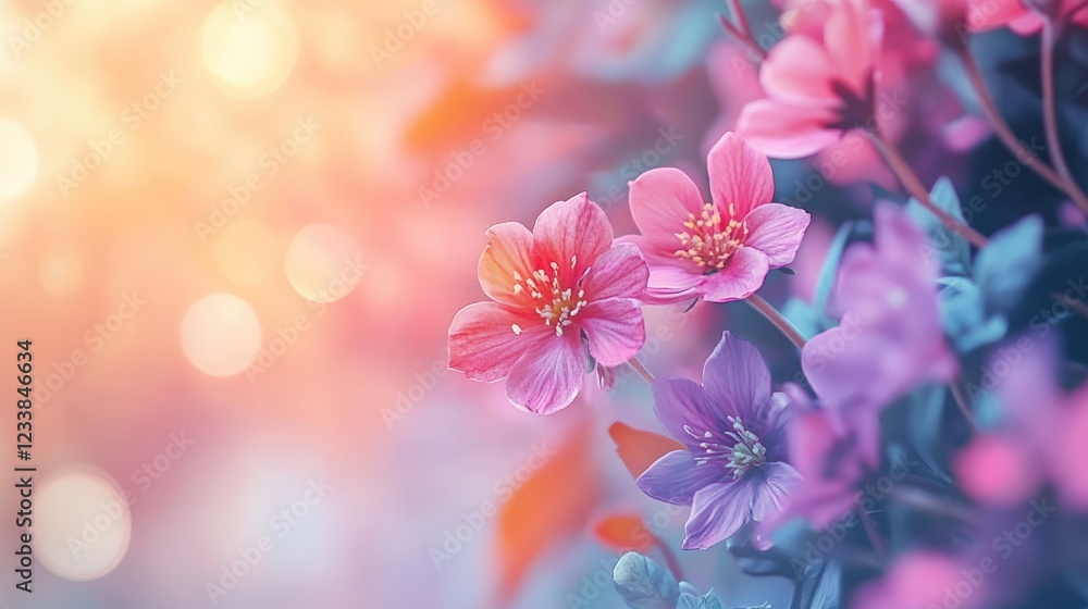 Poster Vibrant floral arrangement with delicate blooms on a soft blurred background creating a dreamlike and colorful atmosphere