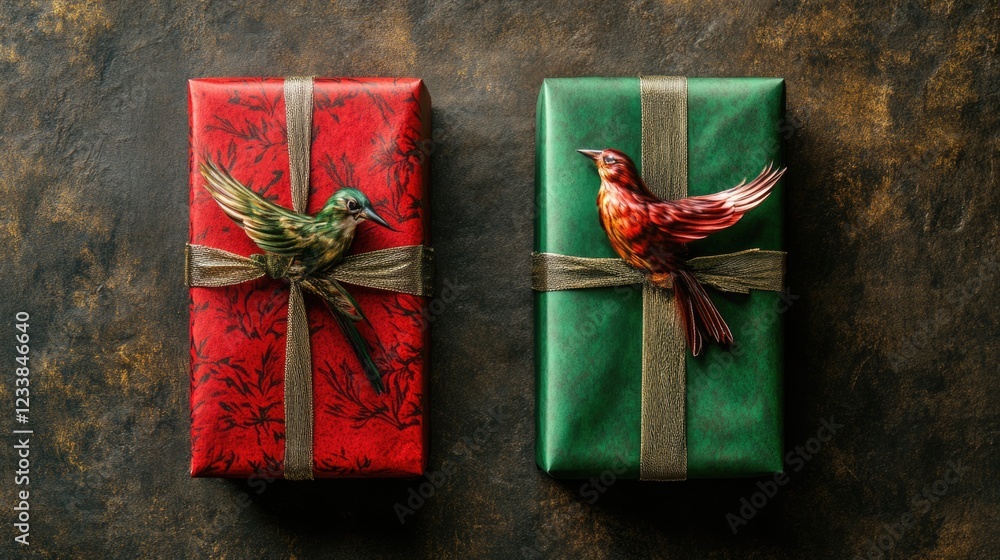 Poster Elegant gift boxes in red and green wrapping with decorative ribbons and birds, showcasing empty space for personalized text or messages.