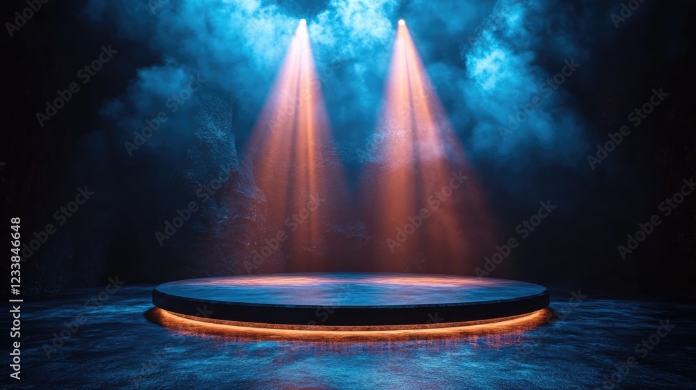 Poster Empty stage with spotlighting and dramatic lighting on a dark background ideal for showcasing performances or text presentations.