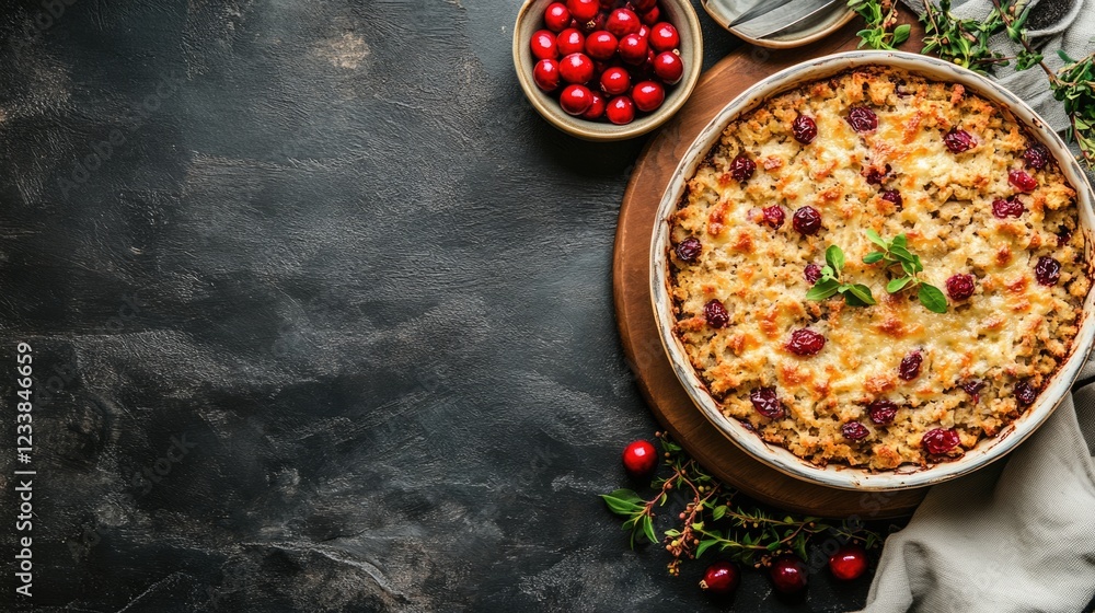 Poster traditional holiday casserole with cranberries and stuffing on rustic table with copyspace for festi