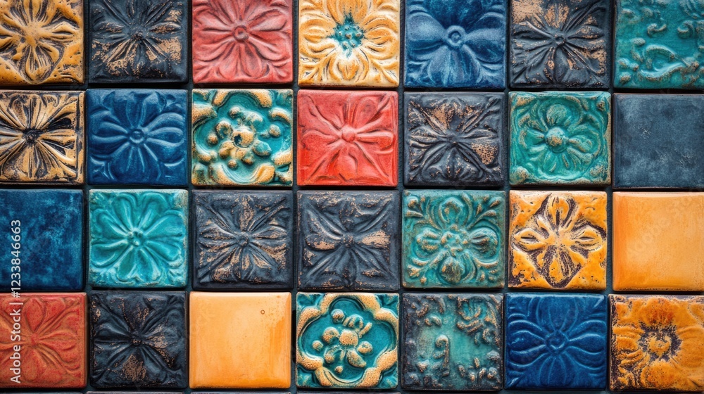 Poster colorful decorative tile wall with textured designs and empty space for text or branding. perfect fo