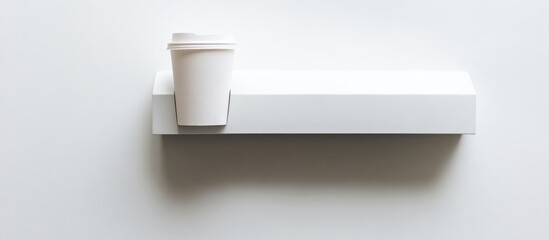 White paper coffee cup on a minimalist white mailbox with ample negative space for customizable text or branding elements