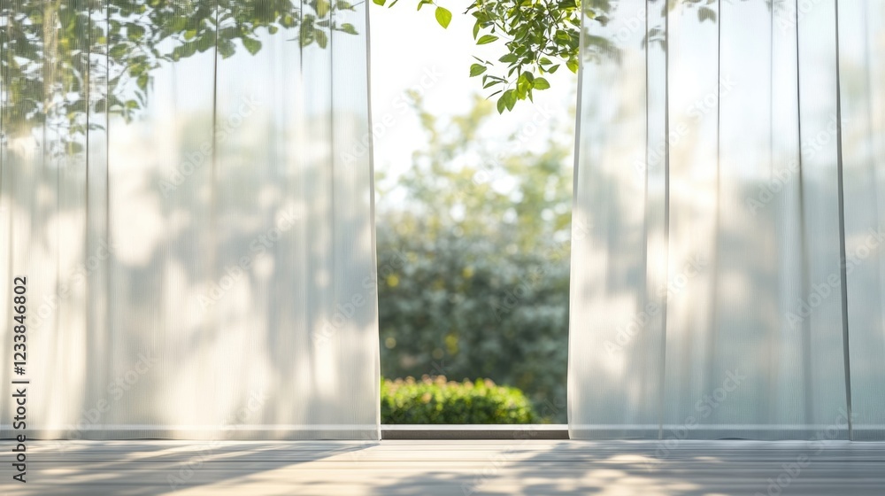 Poster elegant sheer curtains framing a serene outdoor view, perfect for interior design mockups with ample