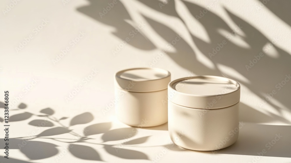 Poster elegant cream containers casting soft plant shadows on a white background showcasing minimalist beau