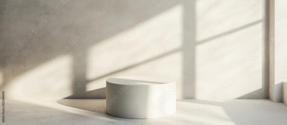 Poster minimalist white pedestal in a sunlit room creating an elegant focal point with ample empty space fo