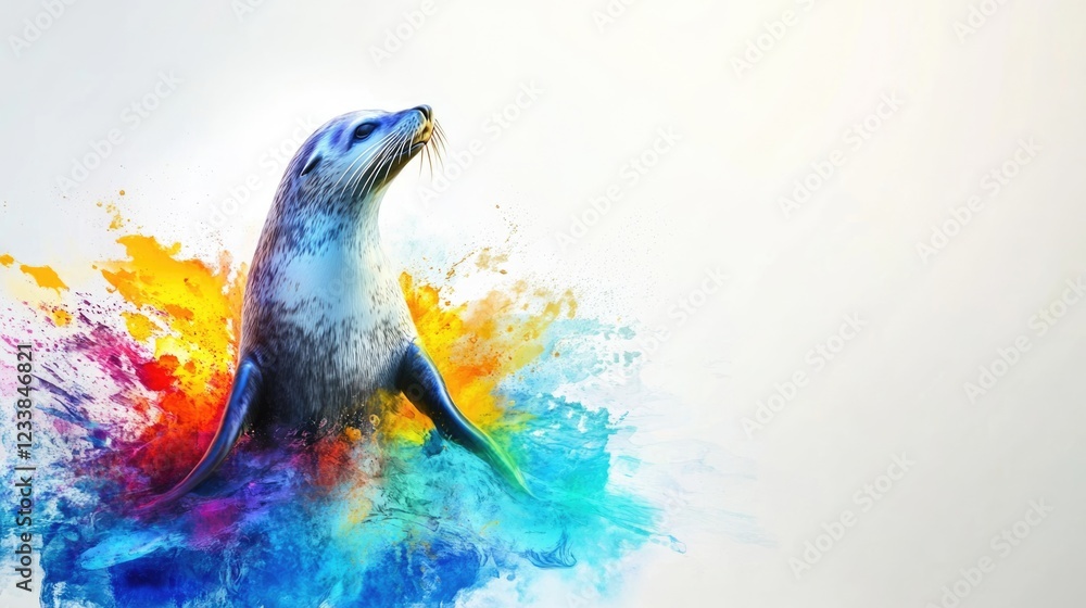 Poster colorful seal with artistic paint splash and blank space for text or graphics