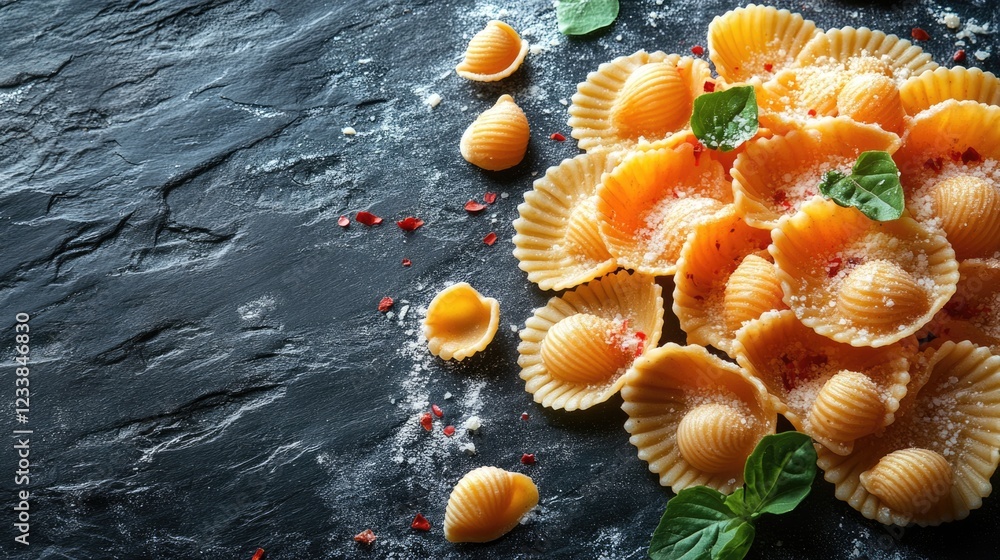 Poster decorative conchiglie pasta on a dark stone background with herbs and spices showcasing culinary cre