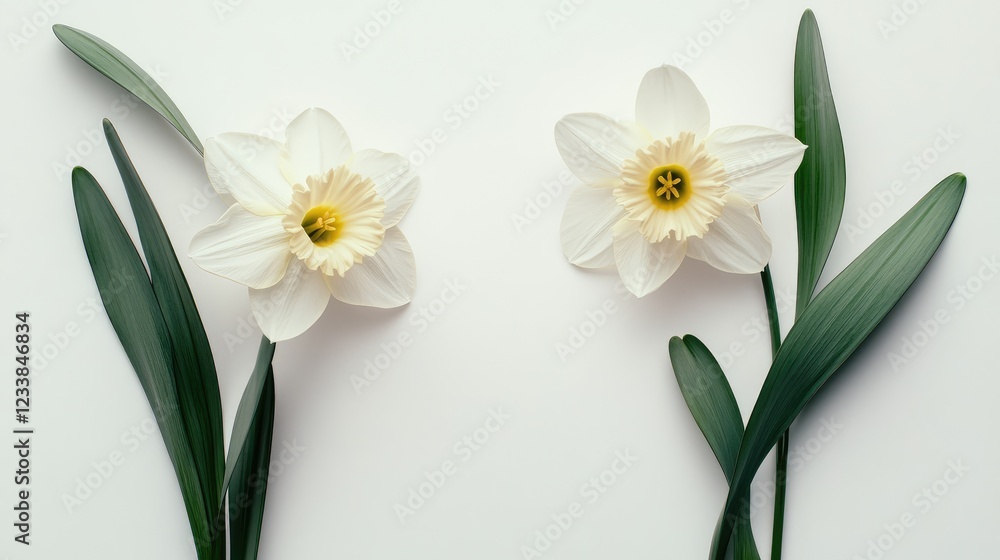Poster daffodil flowers with green leaves arranged symmetrically on a clean white background for a fresh an