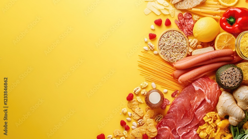 Poster Colorful Ingredients Layout on Yellow Background with Empty Copy Space for Caloric Intake Information and Healthy Eating Concepts