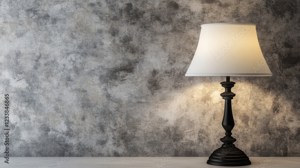 Poster vintage table lamp with white shade and black base against textured gray wall providing empty copysp