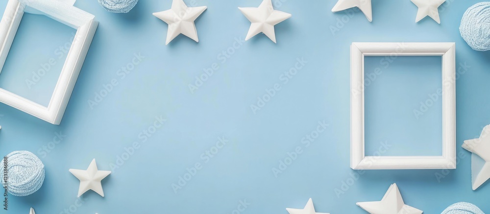 Poster decorative white frames and star shapes on a soothing blue background with ample blank space for per