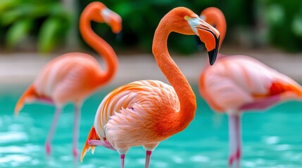Obraz premium Vibrant Flamingo Standing Gracefully in Tropical Lagoon Environment