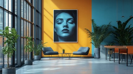 Modern interior design featuring a striking blue portrait in a vibrant, sunlit space