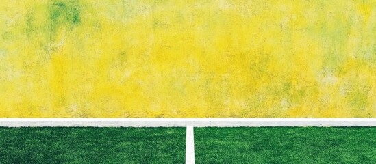 White line marking on green grass soccer field against a vibrant yellow background with ample space for text or advertisements