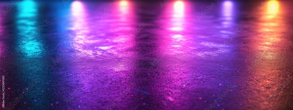 Poster vibrant wet asphalt surface illuminated by colorful lights and ample empty space for customizable te