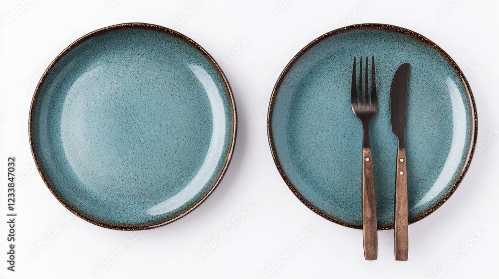 Poster empty turquoise plates with silverware arranged on a clean white background for restaurant or dining