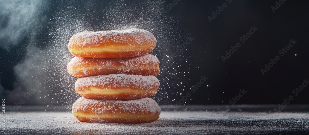 Poster stacked colorful donuts with powdered sugar creating an inviting atmosphere perfect for text placeme