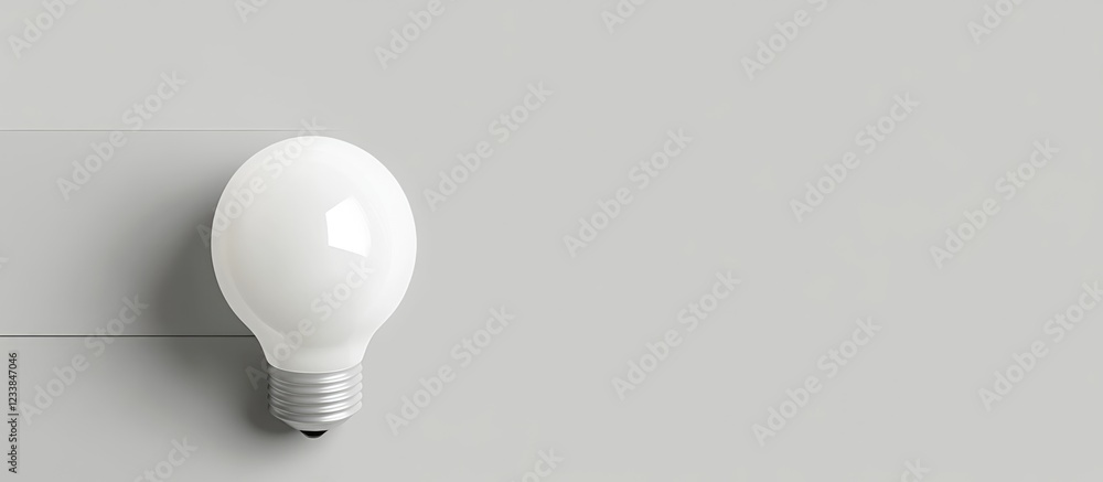 Poster white light bulb on soft gray background with ample empty space for customized text or branding