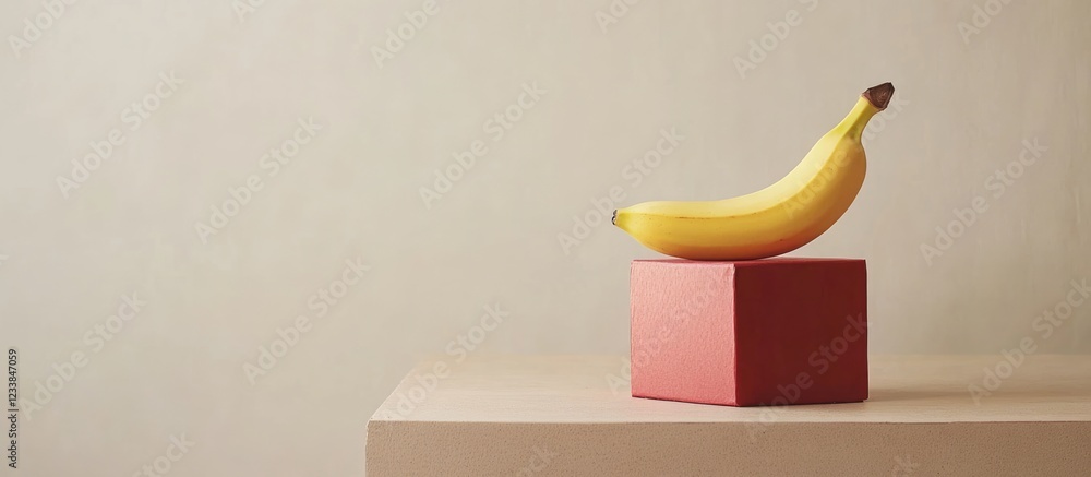 Aufkleber Minimalist Composition of Yellow Banana on Red Cube with Neutral Background and Space for Text in Contemporary Design Concept