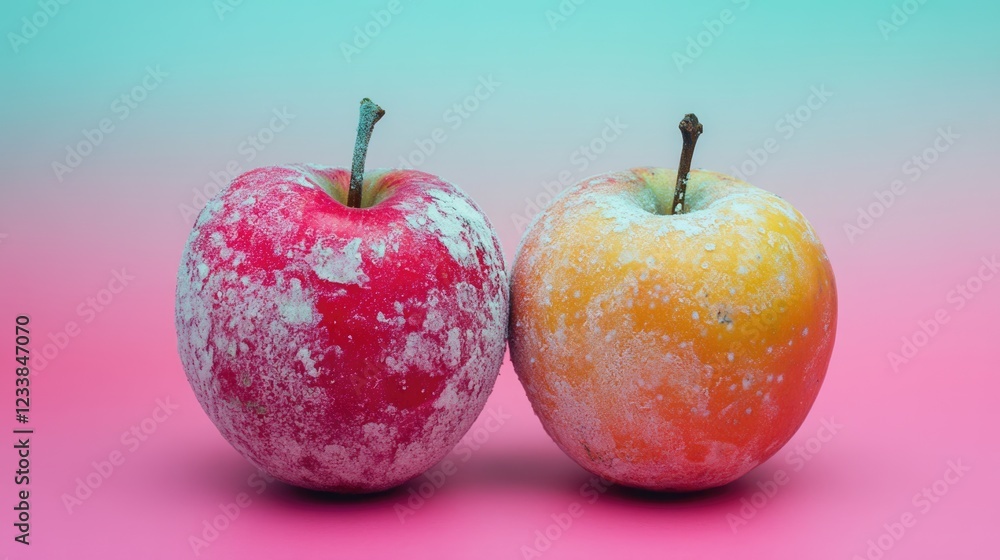 Poster Spoiled Fresh Apples with Powdery Mildew and Bite Marks Against a Gradient Pastel Background in a Colorful Still Life Composition