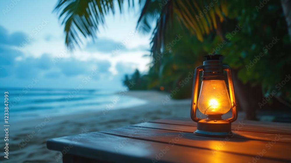 Aufkleber serene beach scene featuring an oil lamp on a table with calm water and lush vegetation in the backg