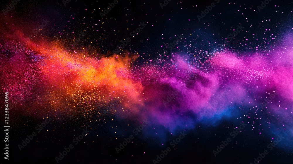 Poster vibrant confetti explosion in a colorful scene against a black background with ample empty space for