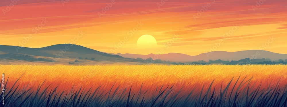 Poster wheat field landscape during sunset with vibrant colors and spacious area for text or branding inser