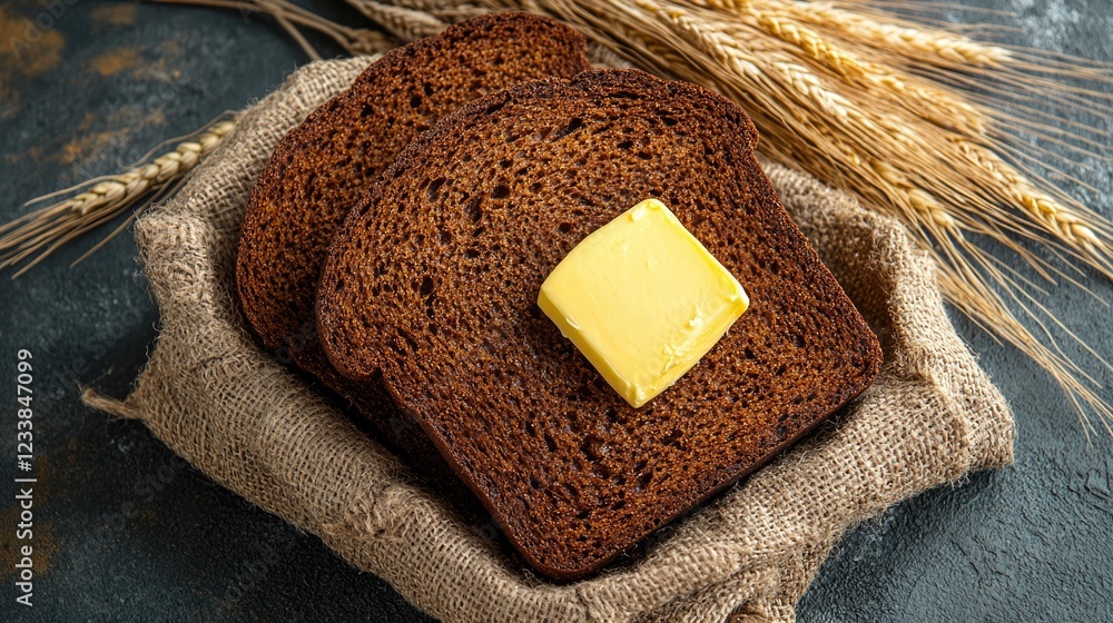 Poster sliced dark molasses sourdough bread with butter on burlap near wheat field showcasing rustic baking