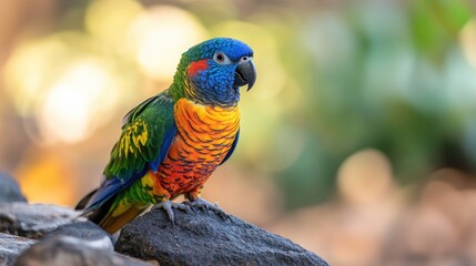 Colorful parrot perched on a rock with a softly blurred background ideal for adding text or captions in vibrant nature setting