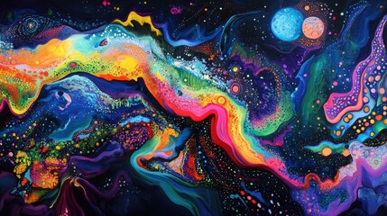 Colorful Abstract Representation of Creativity and Brainstorming with Cosmic Elements and Vibrant Patterns