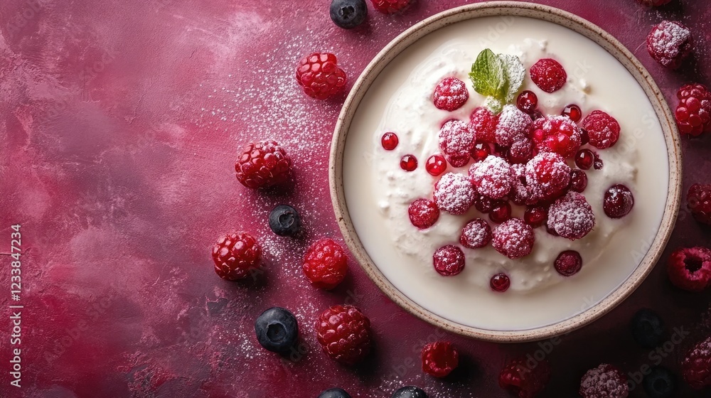Aufkleber Top view of creamy dessert with fresh berries on a vibrant background featuring empty space for culinary text or advertisement.