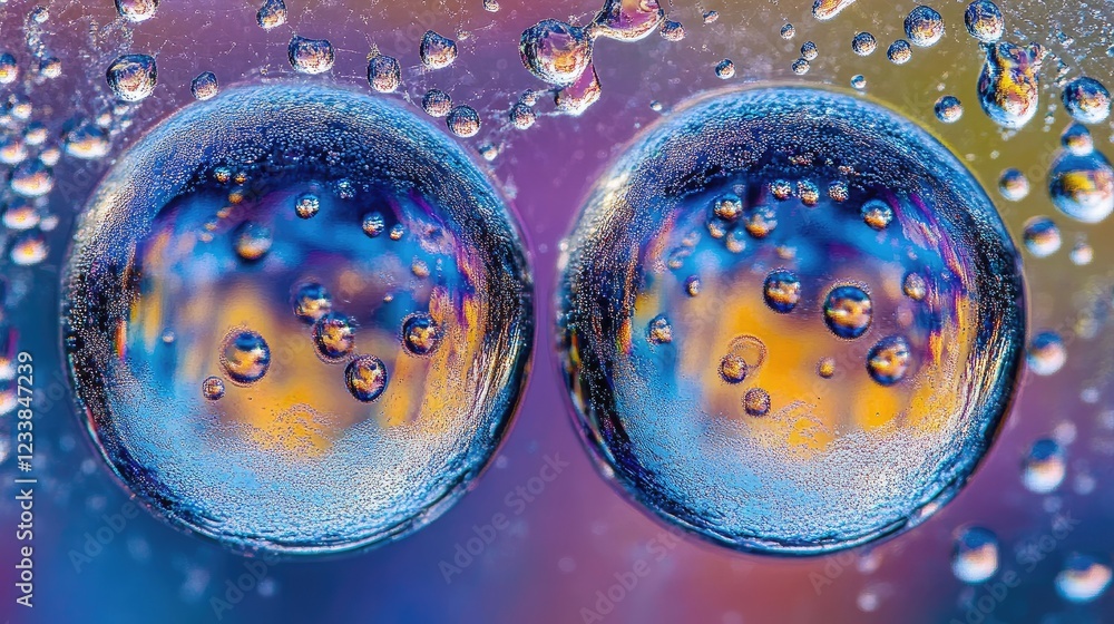 Poster Two dew drop shaped bubbles on a colorful glass surface with reflections and droplets showcasing macro photography details.