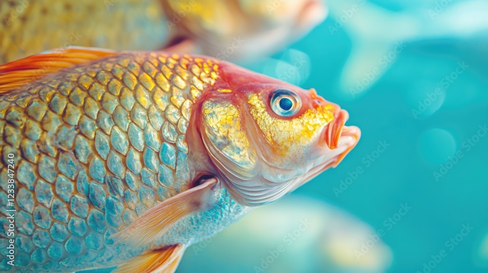 Poster colorful close-up of fresh fish at a wet market with traders in the background and ample copyspace f