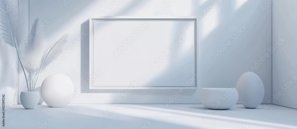 Poster minimalist white industrial room featuring panoramic frame with ample empty space for text or artwor