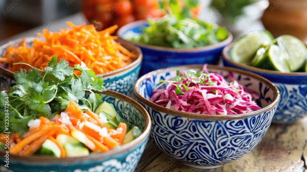 Poster colorful ceramic bowls overflowing with assorted fermented vegetables garnished with fresh cilantro 
