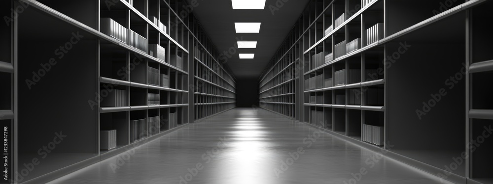Poster warehouse aisle showcasing neatly arranged shelving with ample empty space ideal for text or brandin