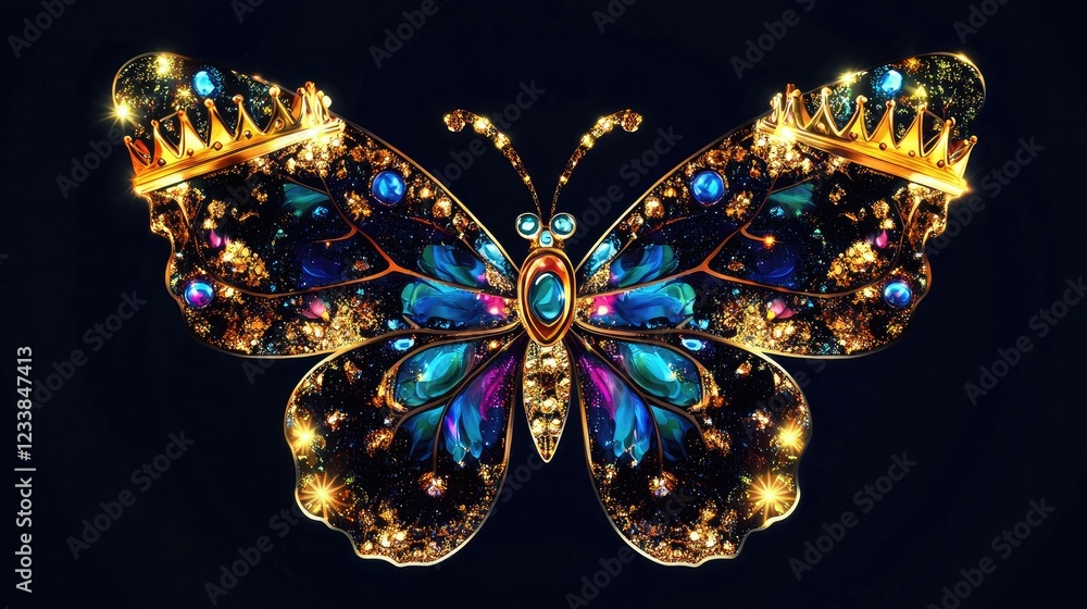 Poster regal butterfly design embellished with crowns and mirrors, showcasing vibrant colors and intricate 