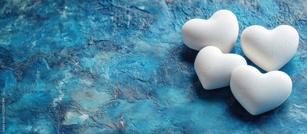 Poster white hearts on textured blue stone creating a romantic backdrop for valentine's day with ample empt