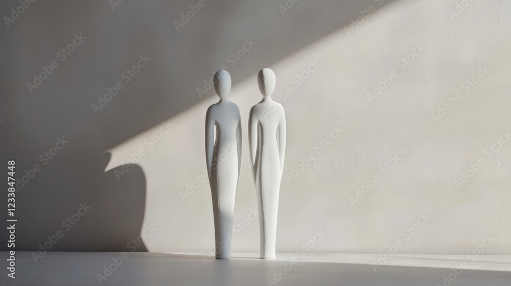 Aufkleber elegant minimalist sculpture of two human figures in white against a soft shadowed background highli