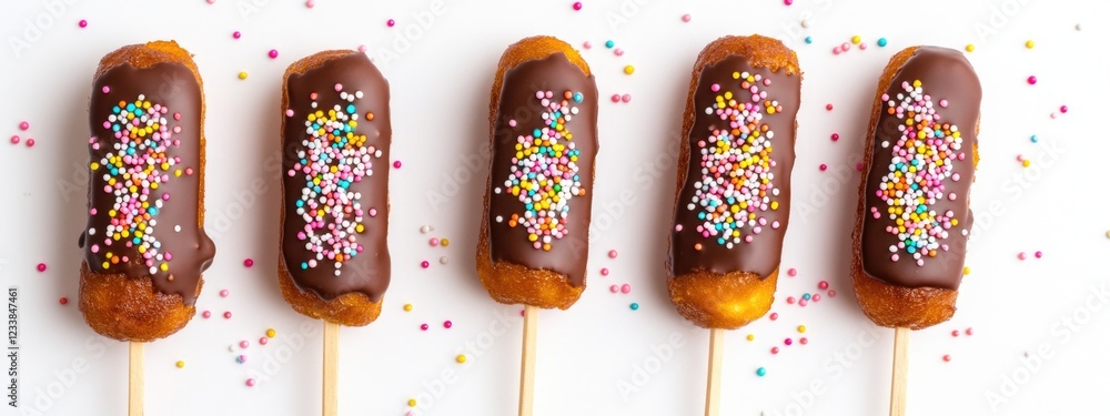 Poster delicious doughnut sticks topped with rich chocolate icing and vibrant sprinkles arranged on a white